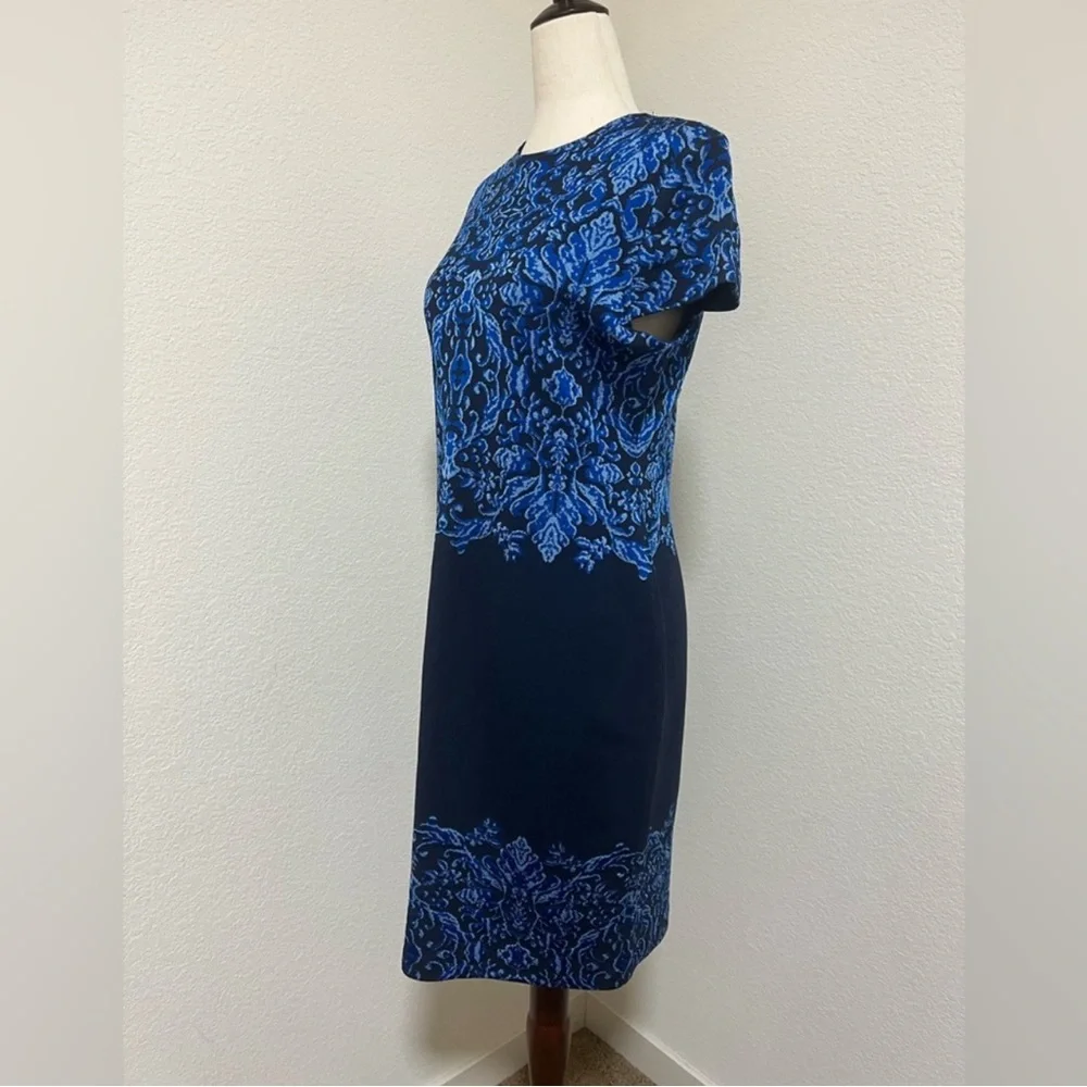 St. John Blue Tones Brocade Graphic Short-Sleeve Knit Dress - Picture 5 of 7